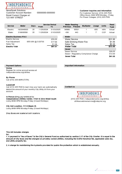 USA Missouri Independence Utilities business utility bill template in Word and PDF formats, version 2